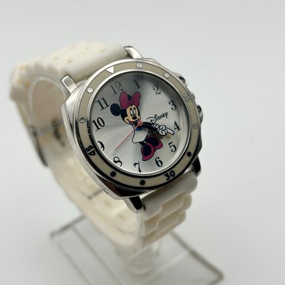 Disney Minnie Mouse Silver Tone White Silicon Band Watch Working New Battery - Picture 2 of 8